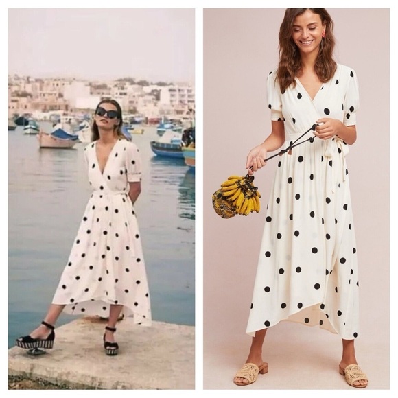 Anthropologie / Maeve  Breanna Polka Dot Wrap Dress black white midi 4 - Picture 1 of 6